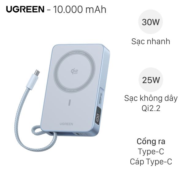 Sạc Dự Phòng Không Dây Qi2.2, 10.000 Mah, 30W, Sẵn Cáp Type C - PB773